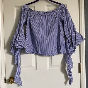 NEVER WORN Off the Shoulder Blue/White Stripe Top